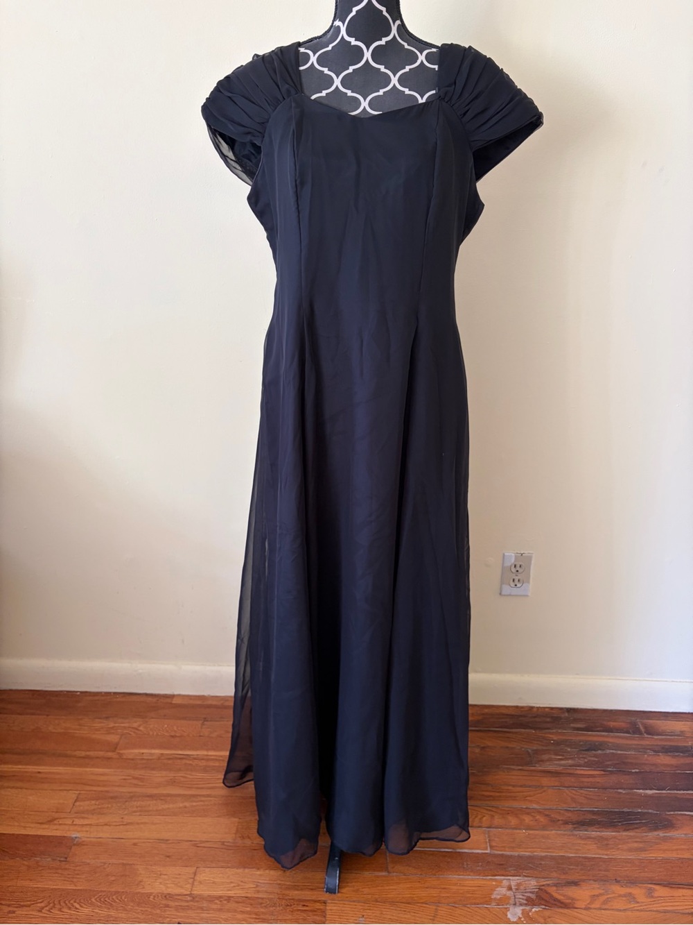 Vintage Classic Black Gown with Pleated Cap Sleeves and Back Bow Detail